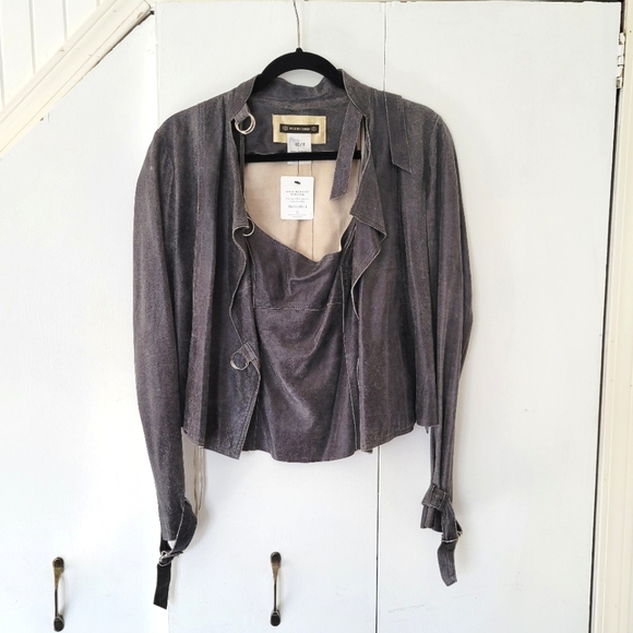 Plein Sud Faycal Amor Black Leather Jacket Top Combo Size 8 Grey Buckle Designer - Picture 1 of 14